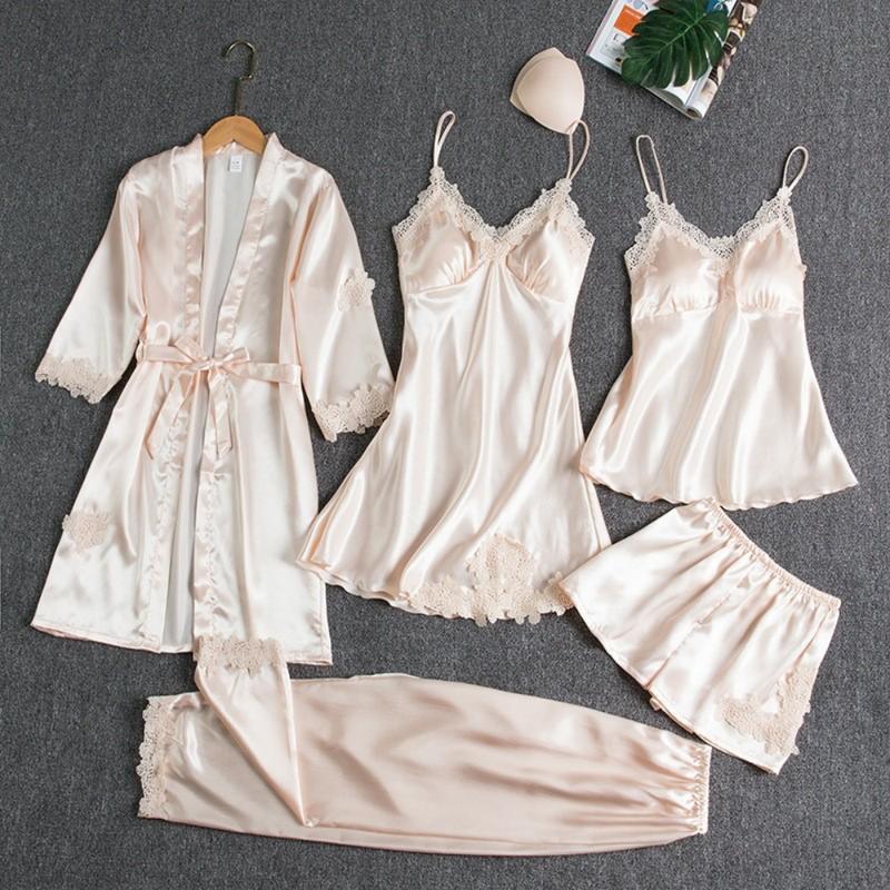 5PC Silk Robe Sleep Suit Womens Lace Satin Pajamas Gown Set V-Neck Cami Nighties Wear Pijama Home Nightwear Spring Nightdress