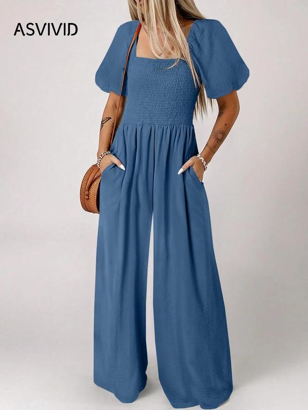 Women's Plain Puff Sleeve Square Neck Wide Leg Backless Jumpsuit, Casual Shirred Ruched Pocket Jumpsuit for Summer, Ladies Clothes for Daily Wear