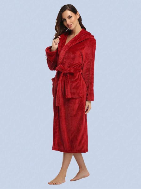 Women's Solid Drop Shoulder Belted Thermal Lined Hooded Lounge Robe, Casual Long Sleeve Pocket Design Bathrobe, Ladies Sleepwear for Fall & Winter