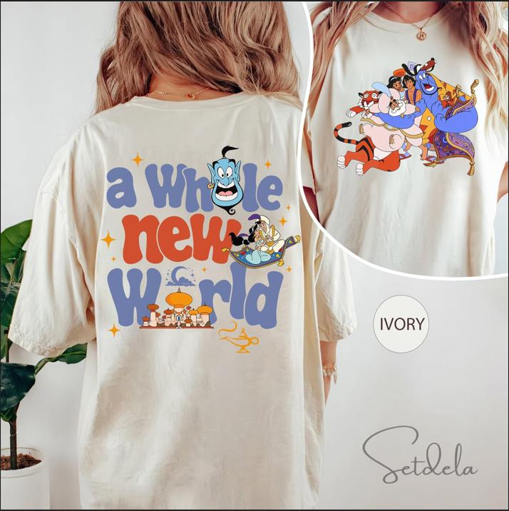 Personalized A Whole New World Vintage Shirt, Aladdin Genie Jasmine Abu Groupe Character Shirt, Magic Kingdom Gift, Family Trip Shirt, Family Matching Sweatshirt, Hollywood Studios Shirt, Vacation Shirts, Trip Gift, Best Seller Gift 2828