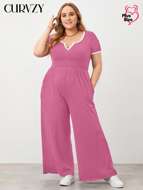 CURVZY Plus Size Contrast Binding Pocket Notched Neck Jumpsuit, Casual Comfort Breathable Short Sleeve Ribbed Jumpsuit for Summer & Fall, Women's Clothing for Daily Wear