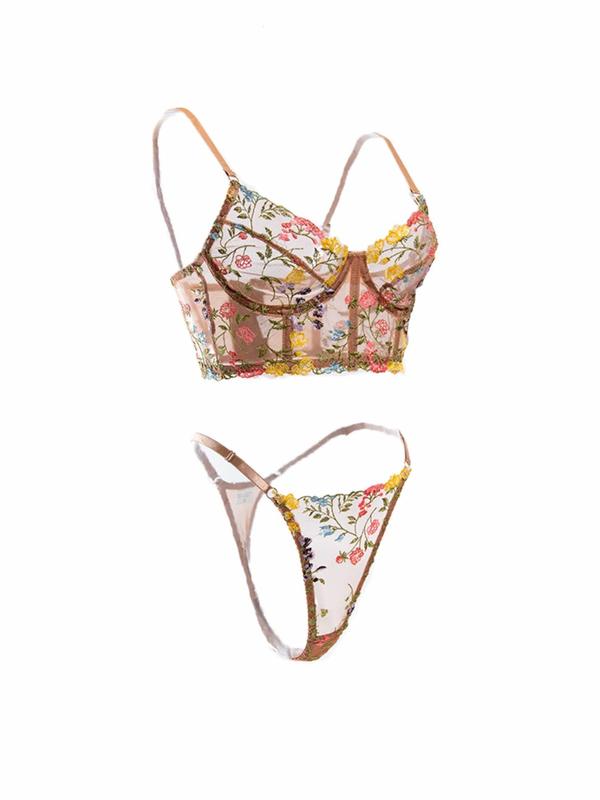 Women's Floral Embroidery Sheer Tulle Bra & Thong Sexy Lingerie Set, Adjustable Strap Push Up Bra & High Cut Thong, Lingerie Set for Women