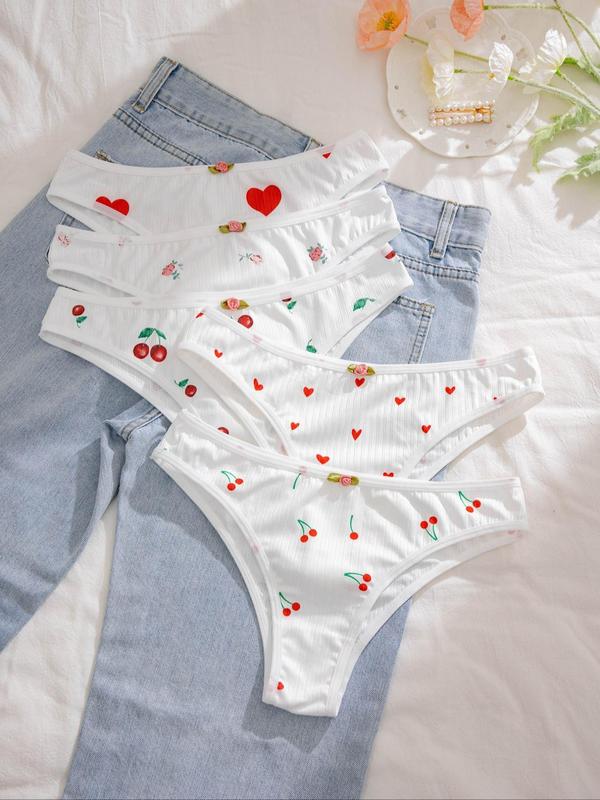 Women's 5pcs Heart & Cherry Print Flowers Decor High Waist Knicker, Soft Comfy Breathable Panty for Daily Wear, Underwear for All Seasons