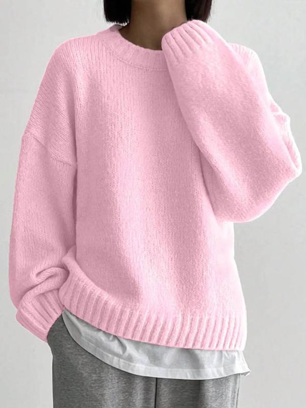 Women's Solid Drop Shoulder Sweater, Casual Long Sleeve Round Neck Jumper for Fall & Winter, Fashion Ladies' Knitwear for Daily Wear