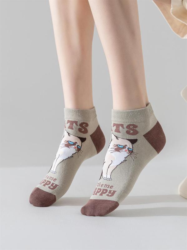 Women's 5 Pairs Cartoon Cat & Letter Print Colorblock Ankle Socks, Cute Comfortable Breathable Low Cut Socks for Daily Wear, Ladies Socks for Spring & Fall