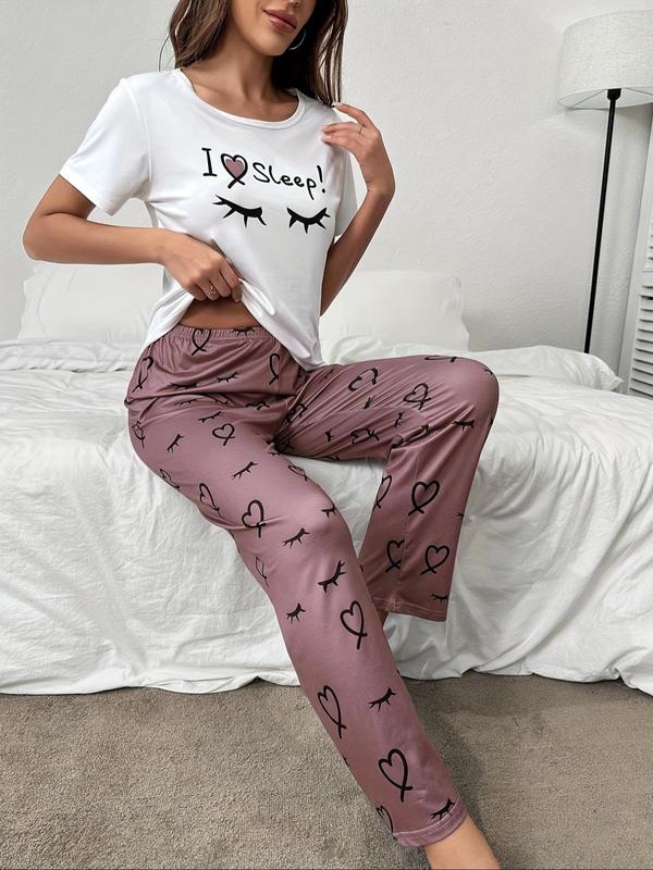 Two-Piece Set Women's Heart Letter Eyelash Print Tee & Elastic Waist Pants Pyjama Set, Casual Comfy Round Neck Short Sleeve T-shirt & Trousers Pj Set, Ladies Sleepwear for All Seasons