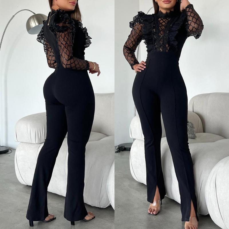 ChicMe Women‘s Elegant Mesh See Through Long Sleeve Jumpsuits Contrast Lace Sequin Patch Casual Overalls Fit Light