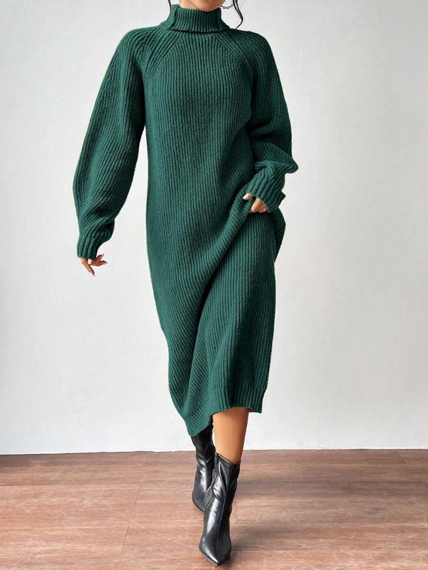 Women's Solid Raglan Sleeve Turtle Neck Sweater Dress, Casual Long Sleeve Jumper Dress for Fall & Winter, Women's Knitwear for Daily Wear