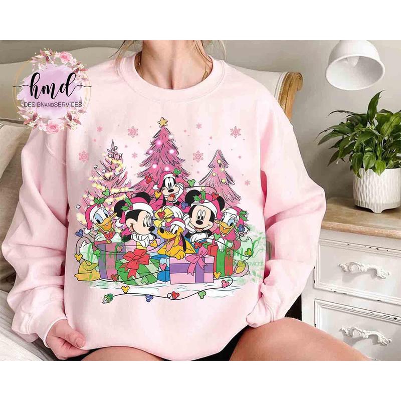 Santa Mickkey and Friends Pink Christmas Light Sweatshirt, Cartoon Mickkey's Very Merry Xmas Matching Tee, Cartoon Vacation Holiday Family Gift RUXV