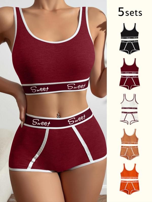 Women's 10pcs Letter Tape Wireless Bra & Contrast Binding Panty Shorts Set, Back To School Soft Comfy Breathable Lingerie Set for Daily Wear, Ladies Underwear Set for Fall