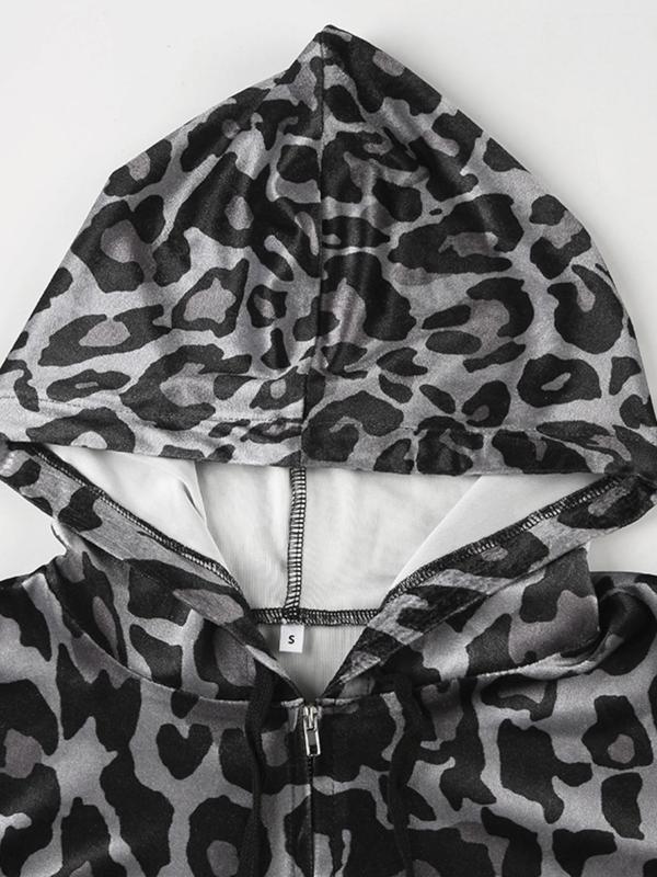 Women's Leopard Print Zip Up Hooded Jacket, Casual Long Sleeve Pocket Outerwear for Fall & Winter, Ladies Clothes for Daily Wear