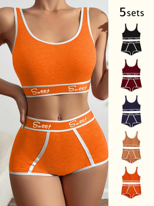 Women's 10pcs Letter Tape Wireless Bra & Contrast Binding Panty Shorts Set, Back To School Soft Comfy Breathable Lingerie Set for Daily Wear, Ladies Underwear Set for Fall