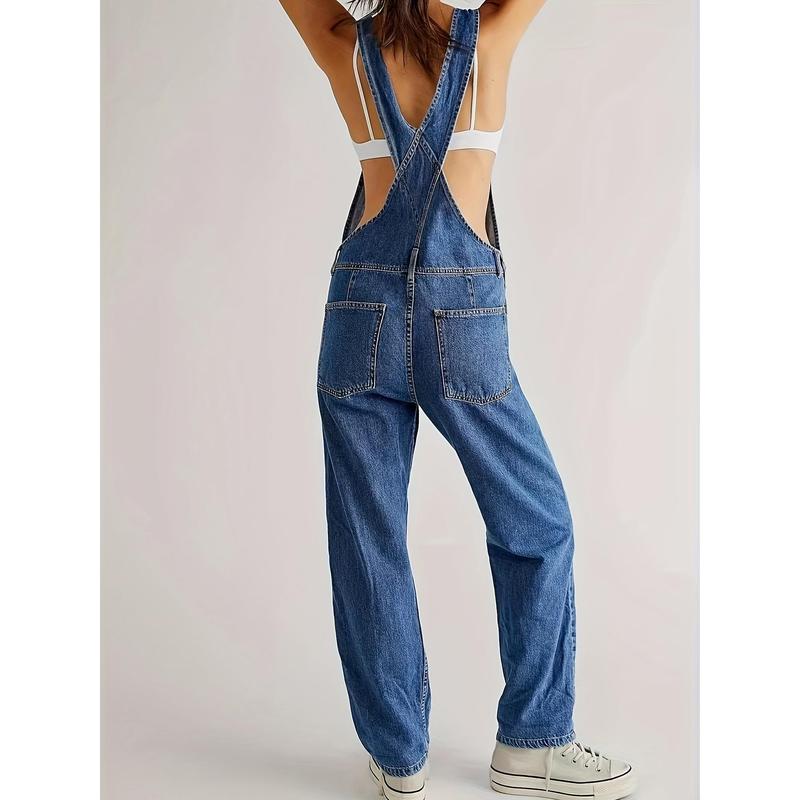 Women's Fashion Denim Overalls, Casual Style, Non-Stretch, Relaxed Fit - Classic Blue Jean Jumpsuit Dungarees With Pockets For Fall Polyester Womenswear