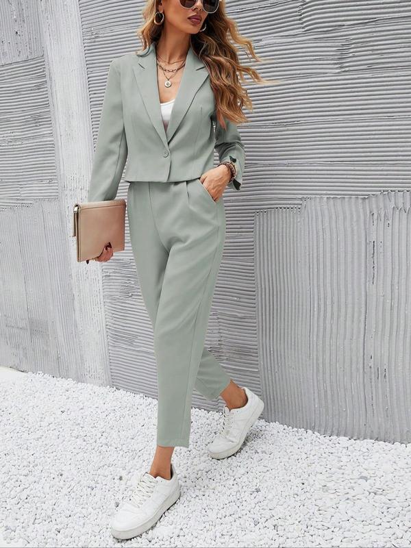 Two-piece Set Women's Solid Color Button Front Blazer & Pocket Pants, Long Sleeve Lapel Neckline Blazer & Straight Leg Trousers, Casual Two-piece Outfits for Work Office Business