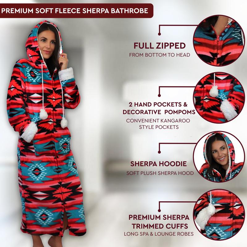 Trailcrest Aztec Womens Lightweight Soft Fleece Hooded Zip Up Lounge Bathrobe- Plush Long Spa Robes Sleepwear Apparel