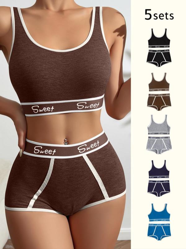 Women's 10pcs Letter Tape Wireless Bra & Contrast Binding Panty Shorts Set, Back To School Soft Comfy Breathable Lingerie Set for Daily Wear, Ladies Underwear Set for Fall