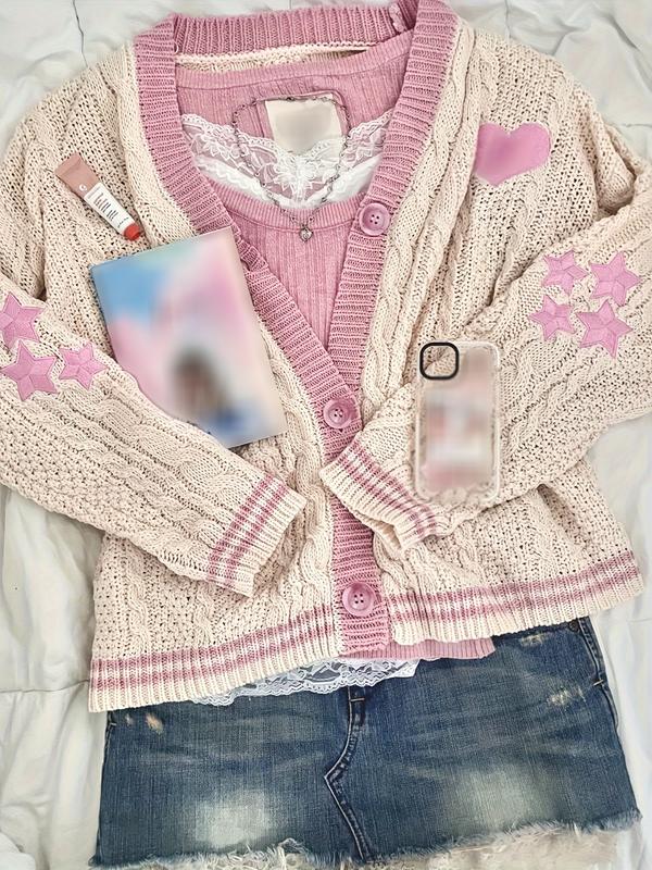 Girls Star Embroidered Oversized Cardigan, Valentine's Day Gift for Girlfriend, Taylor Pink Lover Heart Cardigan, long-sleeved Womenswear Knitwear