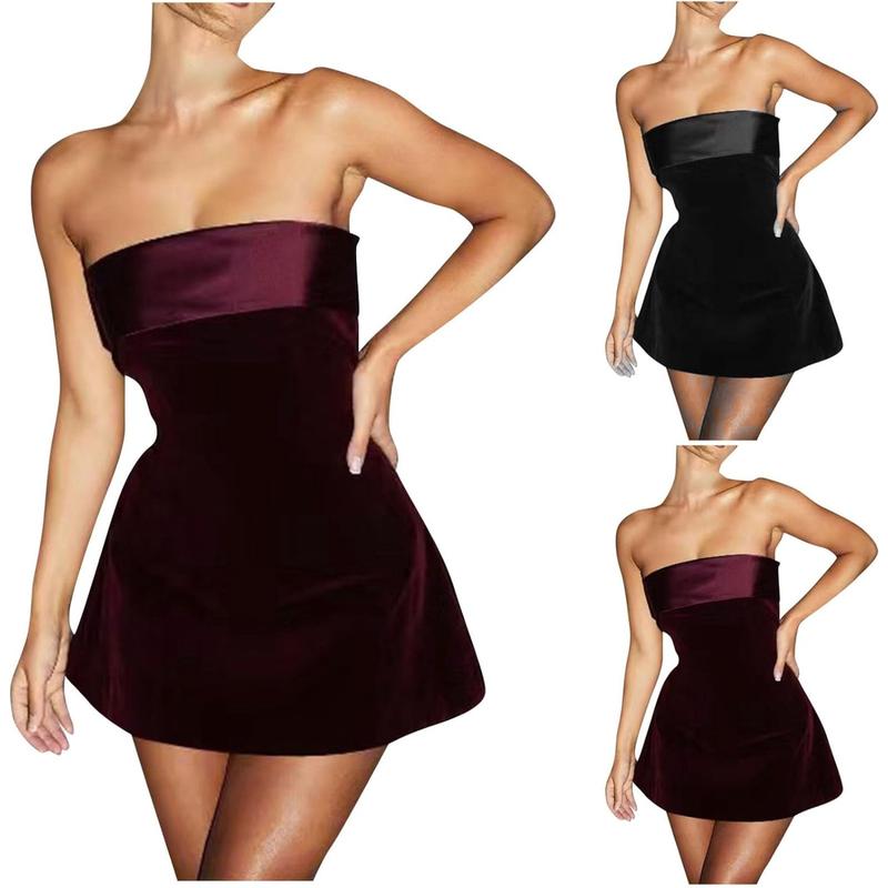 Women's Sexy Strapless Bodycon Mini Dress Velvet Off Shoulder A-Line Tube Top Dress Party Club Dresses Elegant Velvet Satin  Slim Flare Y2k Short Party Homecomming Dress