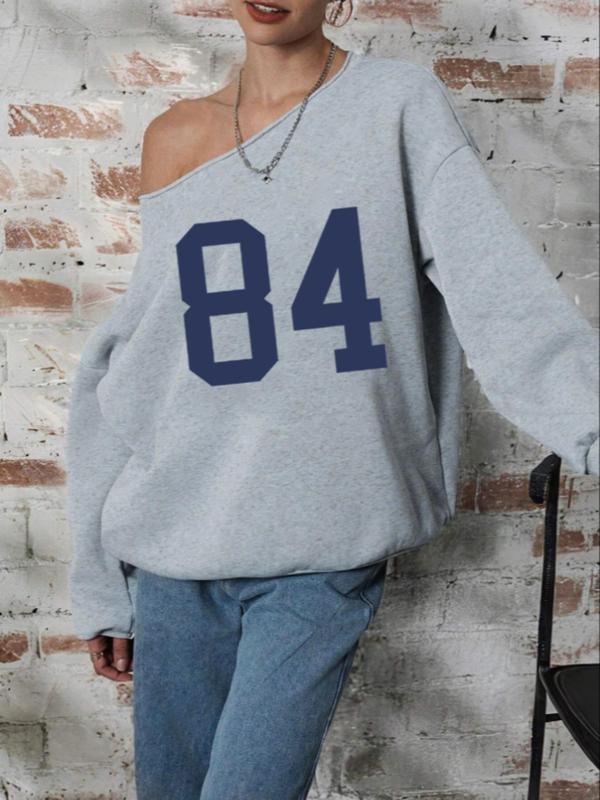 Women's Number Print One Shoulder Sweatshirt, Casual Drop Shoulder Long Sleeve Pullover, Women's Spring & Fall Clothes for Daily Wear