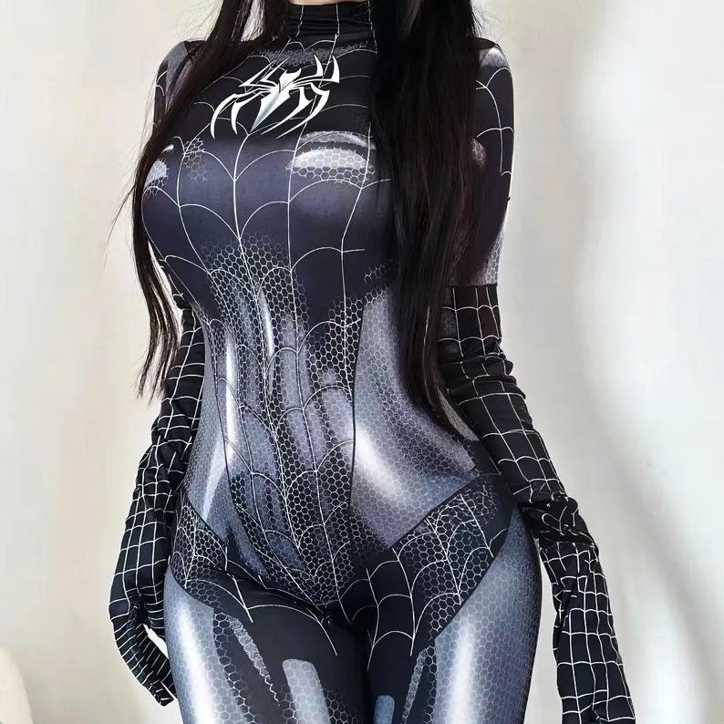 Upgraded Miss Spider Web Cosplay Sexy Womenswear Soft Tops Underwear Zipper Round Neck Tight Lady Halloween Costume spider costume  Bodysuit