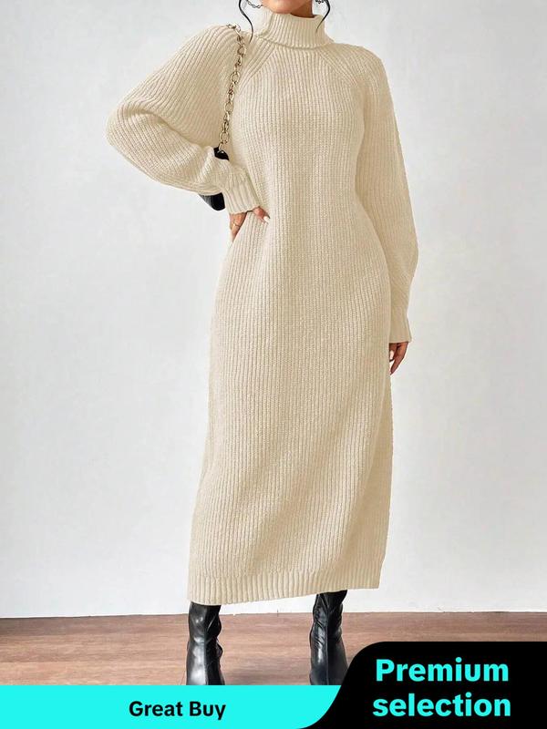 Women's Solid Raglan Sleeve Turtle Neck Sweater Dress, Casual Long Sleeve Jumper Dress for Fall & Winter, Women's Knitwear for Daily Wear