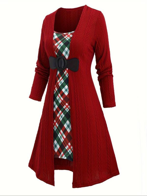 Plaid Patchwork Print Textured Square Neck  2 IN 1 A Line Dress, Casual Long Sleeve Dress for Fall & Winter, Women's Clothes for Daily Wear