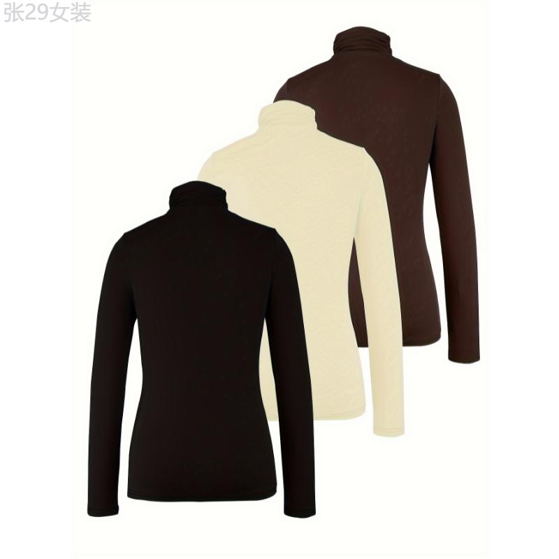 3pcs Plus Size Thermal Top, Solid Turtleneck Long Sleeve Slim Fit Underwear for Fall & Winter Fabric Womenswear