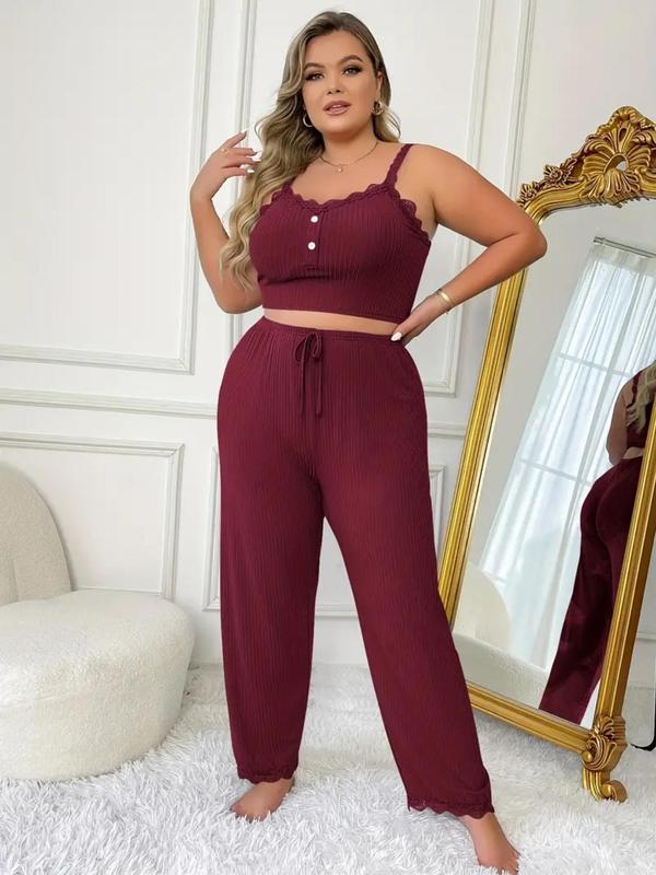  Contrast Lace Cami Top & Tie Front Pants Loungewear Two-Piece Set, Comfy Spaghetti Strap Camisole & Trousers PJ Set, Women's Sleepwear for All Seasons