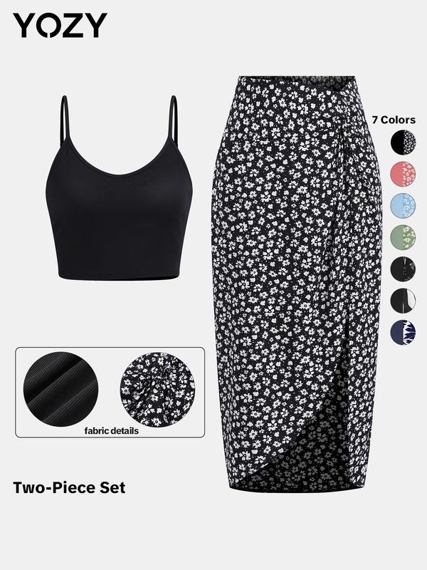 YOZY Black Friday Deals [6 colors, size 0 2-14] Crop Cami Top & Ditsy Twist Dress Set  Asymmetric Floral Print, Sleeveless Adjustable Spaghetti Strap Top & High Waist Skirt, [XS-XXL] Christmas 2024 Trend, Thanksgiving Outfits, Fall Outfits, Winter Outfits