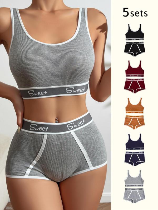 Women's 10pcs Letter Tape Wireless Bra & Contrast Binding Panty Shorts Set, Back To School Soft Comfy Breathable Lingerie Set for Daily Wear, Ladies Underwear Set for Fall