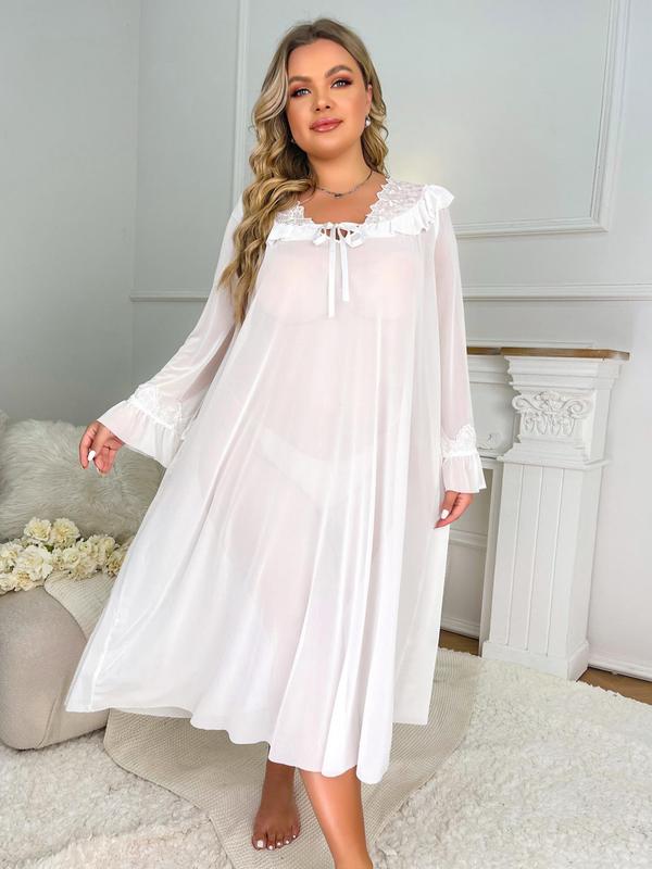 Plus Size Contrast Lace Frill Trim Tie Neck PJ Nightdress, Summer Clothes Women, Casual Sheer Flounce Sleeve PJ Nightgown, Women's Sleepwear for Summer, Women's Plus Size Clothing for Daily Wear