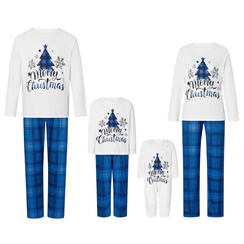 Family Matching Christmas Pajamas, Christmas Tree&Letter Print Long-Sleeved Tops + Plaid Trousers Sleepwear Outfits