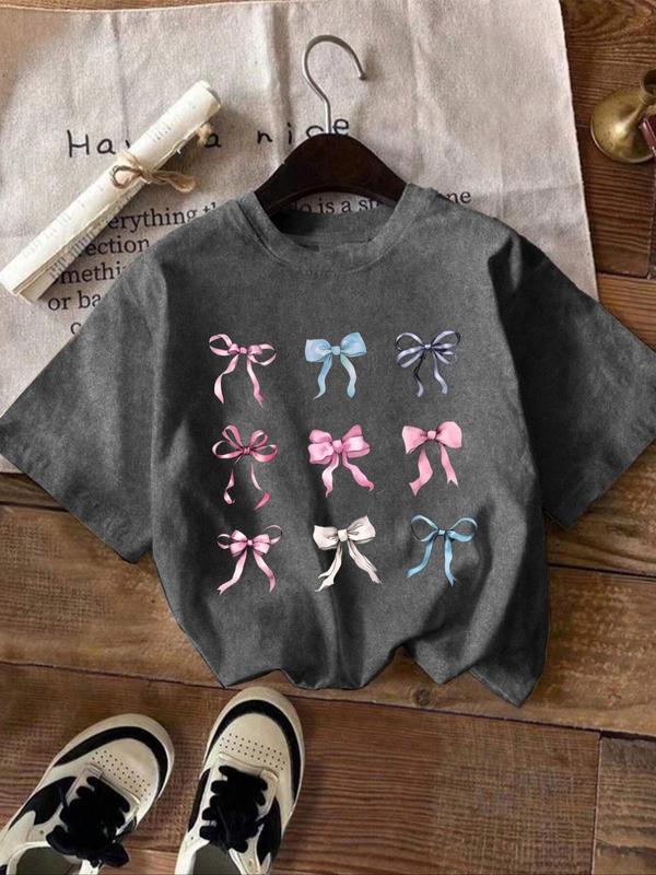 Women's Bow Print Round Neck Tee, Casual Short Sleeve Crew Neck T-Shirt for Summer, Women Clothes for Daily Wear