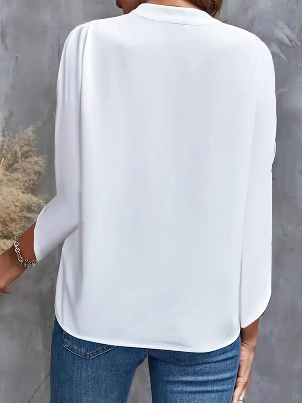 Women's Plain Notched Neck Blouse, Fall Clothing Women, Casual Long Sleeve Top for Daily Wear, Ladies Clothes for All Seasons