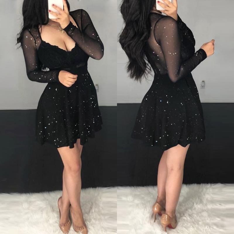 ChicMe Women's Glitter Sheer Mesh See Through Contrast Lace Long Sleeve Mini Dress Deep V Neck A Line Dresses Casual Fit