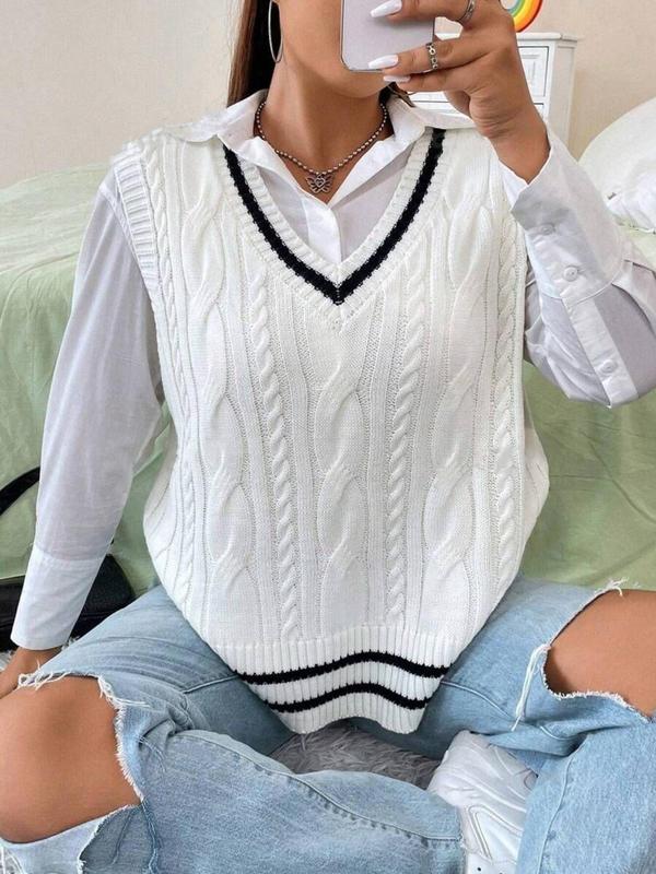  Colorblock Contrast Binding V Neck Sweater Vest, Casual Twist Textured Sleeveless Jumper Vest for Fall & Winter, Women's Plus Clothing for Daily Wear