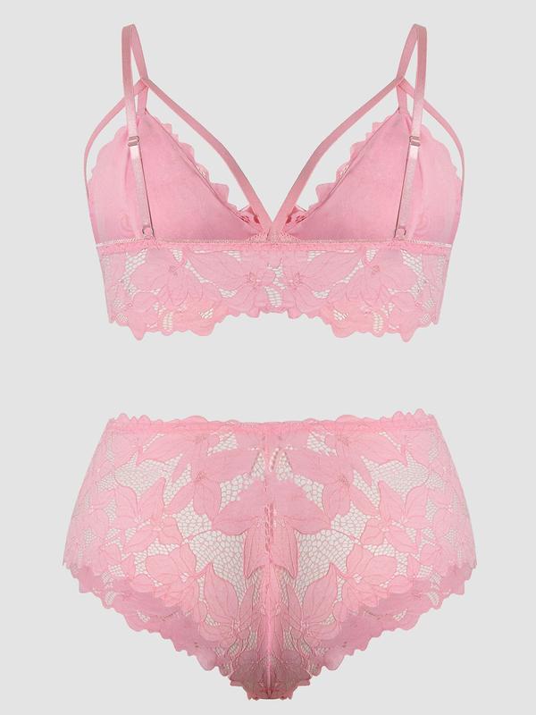  Floral Lace Underwear Set, Adjustable Strap Wireless Bra & Bow Decor Panty Set, Women's Lingerie Set for All Seasons