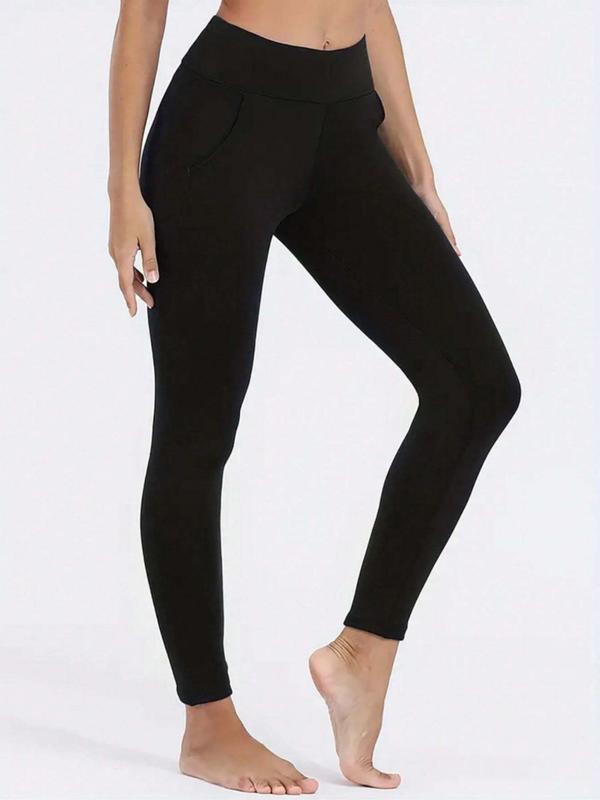 Women's Solid Pocket Thermal Lined Leggings, Casual Comfy Warm Skinny Pants for Daily Wear, Ladies Bottoms for Winter