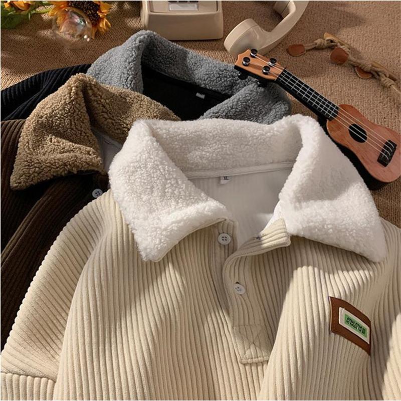 2024 Corduroy Polo sweater couple autumn and winter style plus velvet thickened simple fashion lamb wool coat Hoodie Tops Lady Comfort Loose Collar