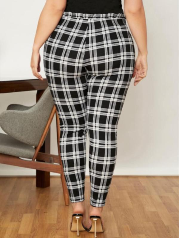  Plaid Print Tie Front Ruffle Leggings, Casual Comfy Elastic Waist Skinny Pants for Daily Wear, Women's Bottoms for Fall & Winter