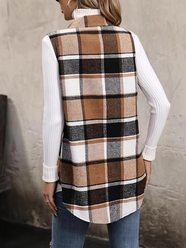 Plus Plaid Print Flap Detail Button Front Waistcoat Without Sweater, Casual Sleeveless Collared Outerwear For Spring & Fall, Women's Clothes For Daily Wear