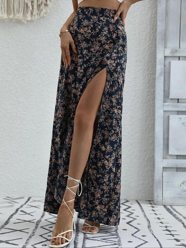 Women's Ditsy Floral Print Split Thigh Long Skirt, Boho Casual High Waist A Line Vintage Skirt for Beach Holiday Vacation, Ladies All Seasons Clothes