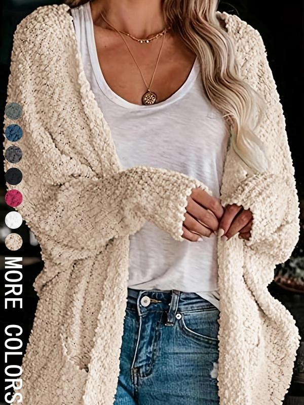 Women's Solid Pocket Batwing Sleeve Cardigan, Casual Long Sleeve Open Front Outerwear for Daily Wear, Ladies Clothes for All Seasons