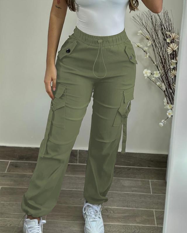 ChicMe Women Pocket Design Drawstring High Waist Pants Cuffed Pants Elastic Fit Trouser Cargo Pants Womenswear Bottom