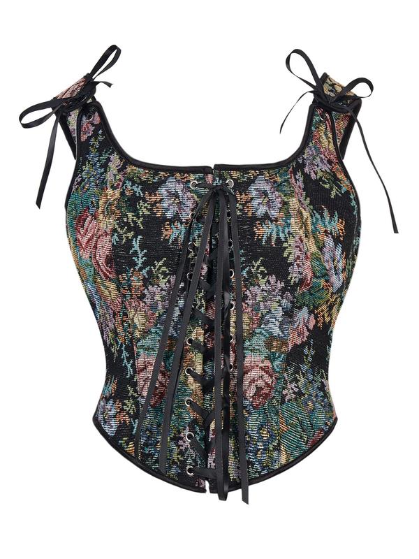 Women's Floral Print Lace Up Tie Front Shapewear Top, Vintage Grommet Eyelet Corset, Women's Shapewear for Fall & Winter