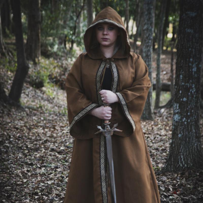 Adult Celtic Robe with Hood and Sleeves & Jacquard Trim, Renaissance Cosplay LARP Costume, Medieval Sorcerer Cloak