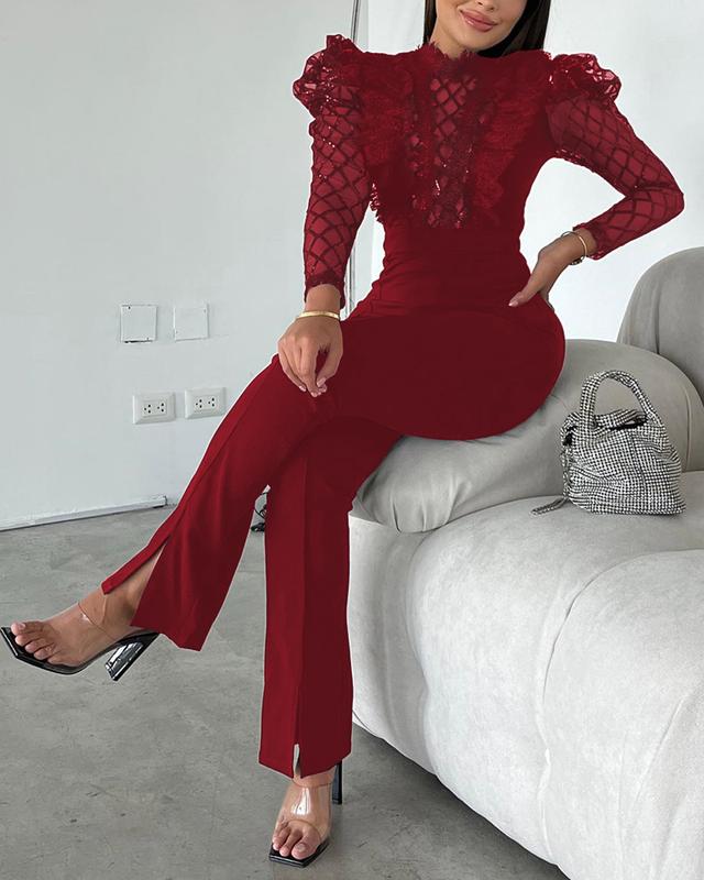 ChicMe Women‘s Elegant Mesh See Through Long Sleeve Jumpsuits Contrast Lace Sequin Patch Casual Overalls Fit Light