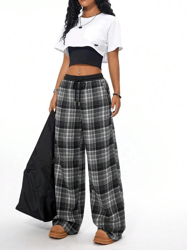 Women's Plaid Print Drawstring Waist Wide Leg Pants, Pants for Women, Going Out Bottoms, Casual Comfy Pocket Trousers for Spring & Fall, Women's Bottoms for Daily Wear, Downtown Girl Clothes, Preppy 80s Clothes