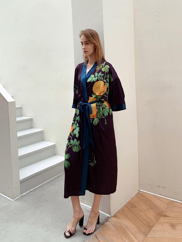 Women's Floral Print V Neck Wrap Soft Satin Robe, Summer Clothes Women, Elegant Flounce Sleeve Belted Dressing Gown, Fashion Soft PJ Homewear