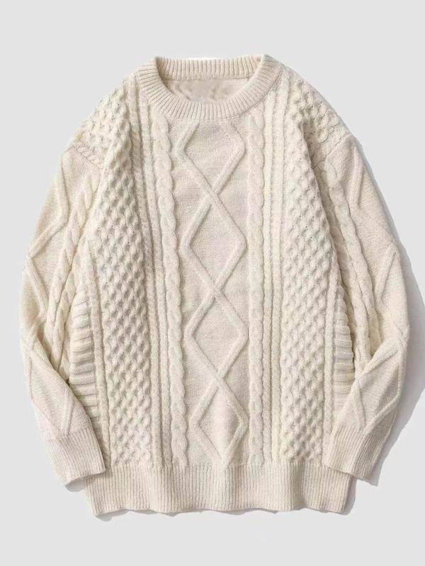 Women's Solid Twist Textured Drop Shoulder Cable Knit Sweater, Casual Long Sleeve Round Neck Jumper for Fall & Winter, Fashion Ladies' Knitwear for Daily Wear